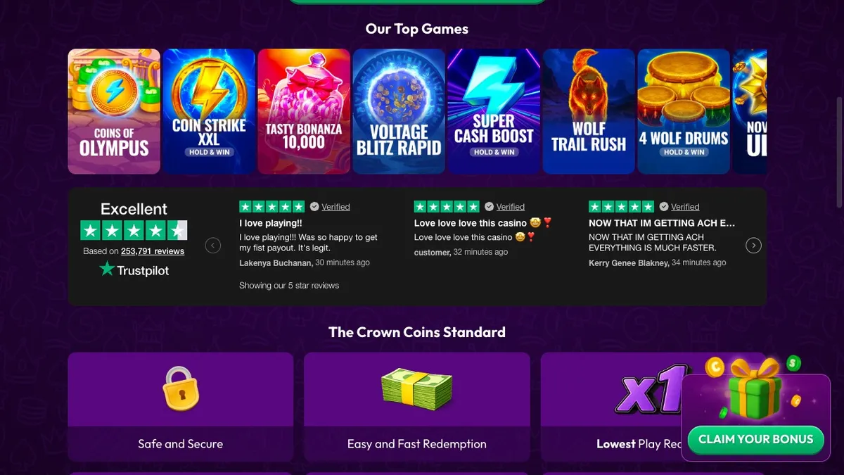 Crown Coins Casino top games grid and Trustpilot player reviews