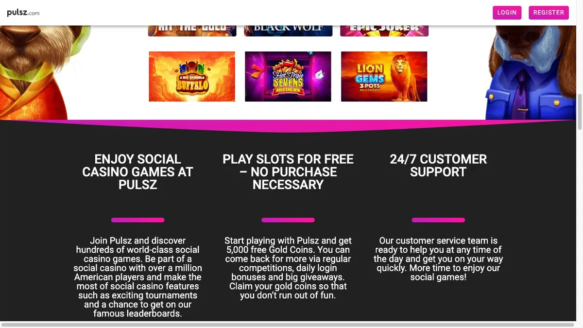 Pulsz game tiles and feature highlights, advertising over a million players and free daily coins