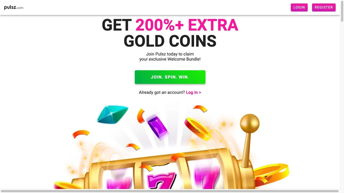 Pulsz social casino homepage promoting its 200% extra Gold Coins welcome bundle