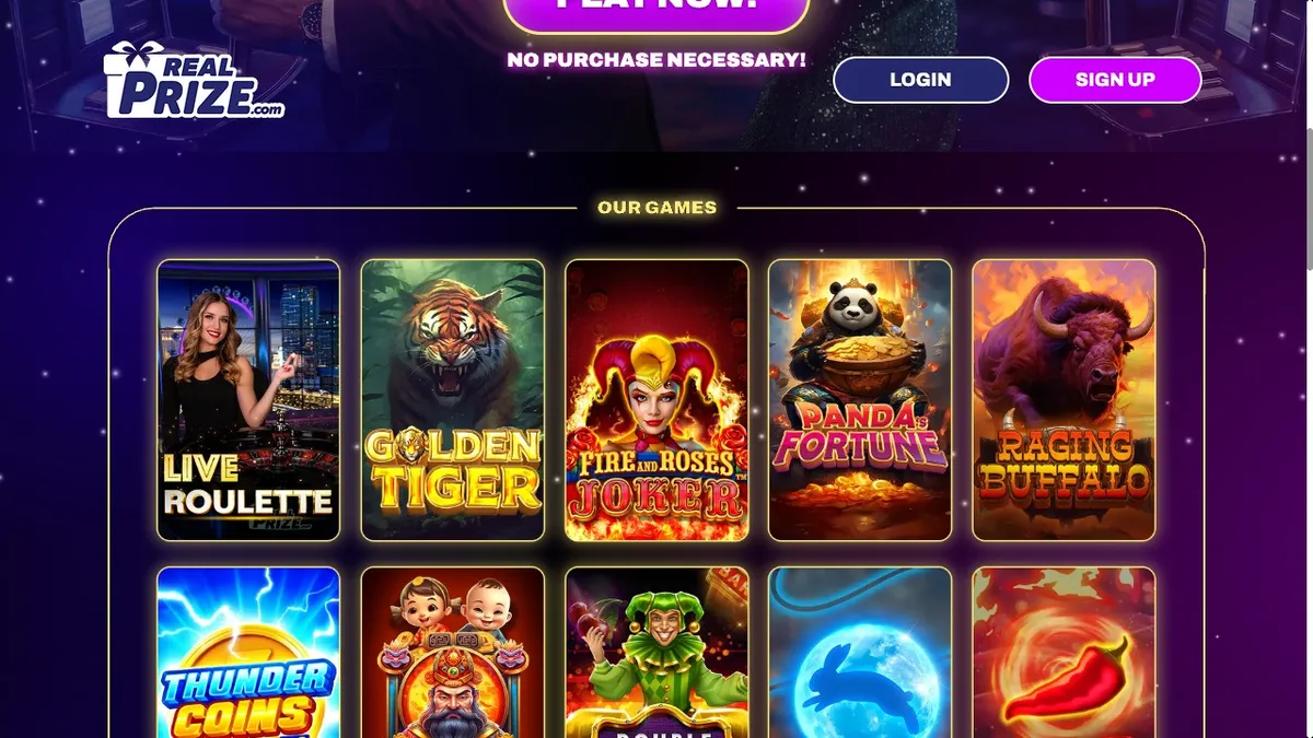 Real Prize games grid with live roulette and licensed slot titles