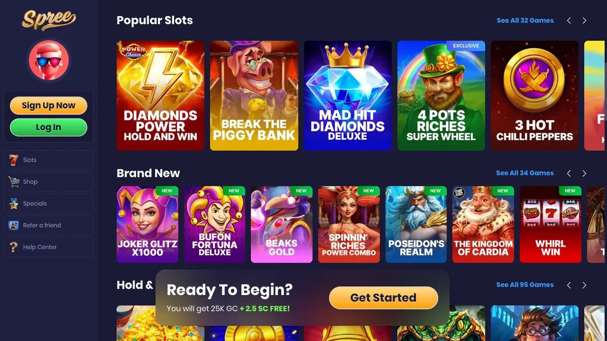 Spree.com lobby showing Popular Slots and Brand New game rows